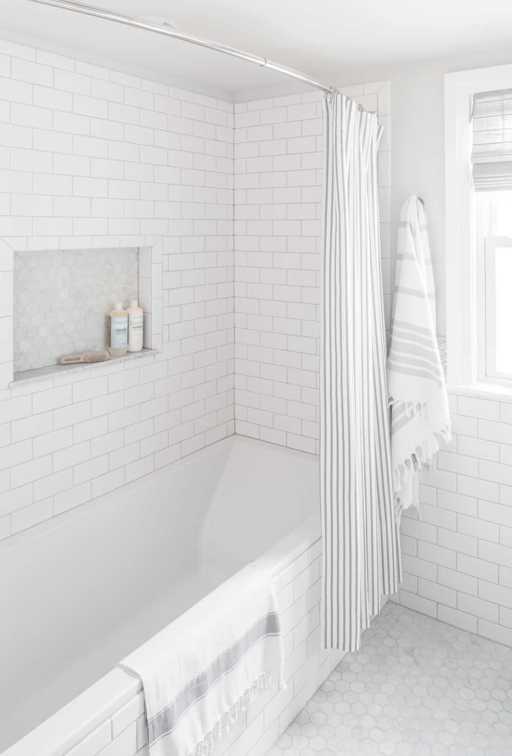 Small Bathroom Renovation White Subway Tile Centered By Design Centered By Design