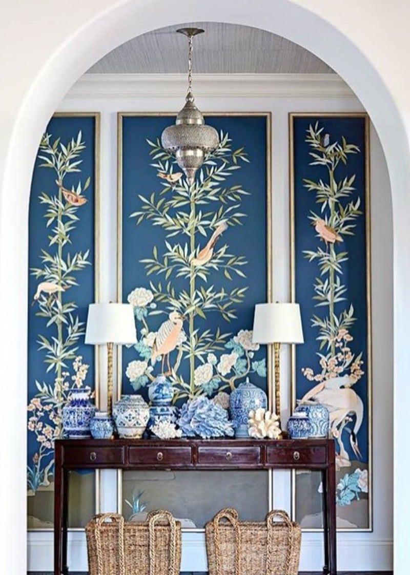 Peacock Chinoiserie Wallpaper Hand Painted Wallpaper on Silk Panel For Sale  at 1stDibs