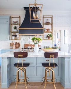powder blue island and cabinets