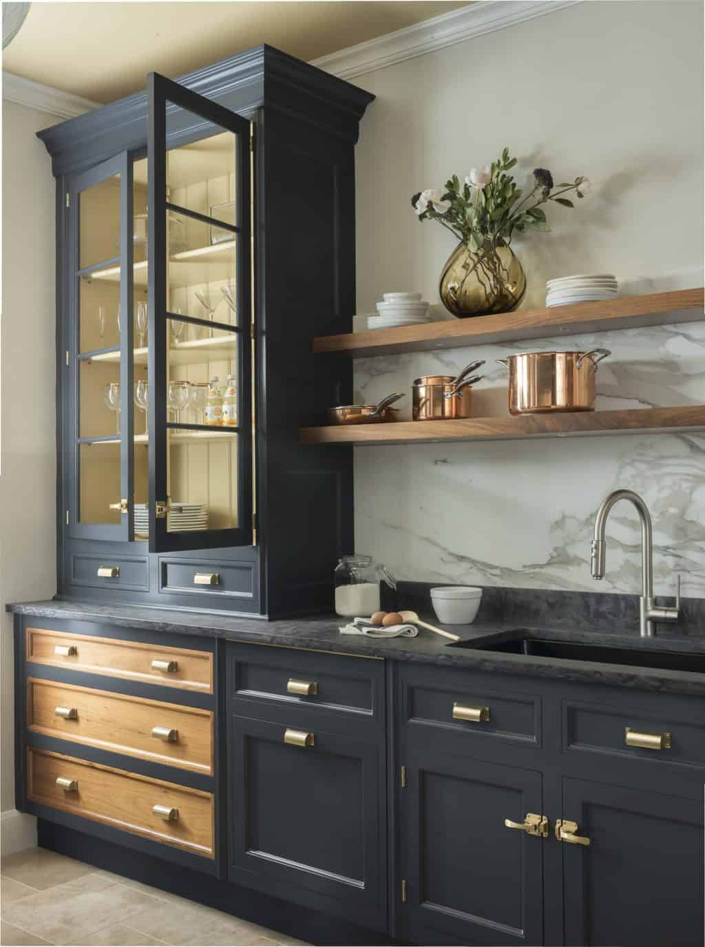 Gray Kitchen Cabinetry with Brass Knobs - Transitional - Kitchen