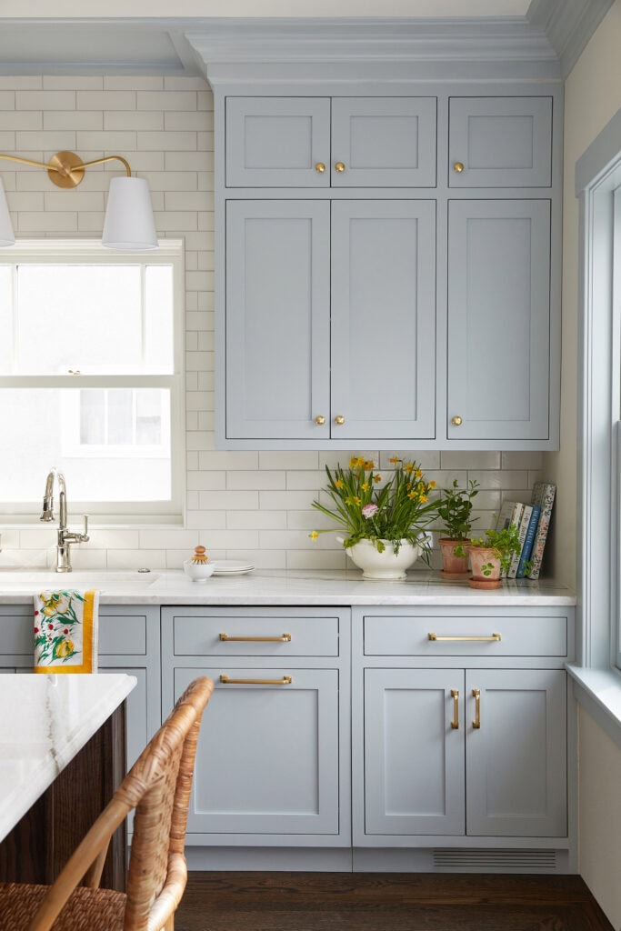 Custom shaker door cabinets in blue kitchen