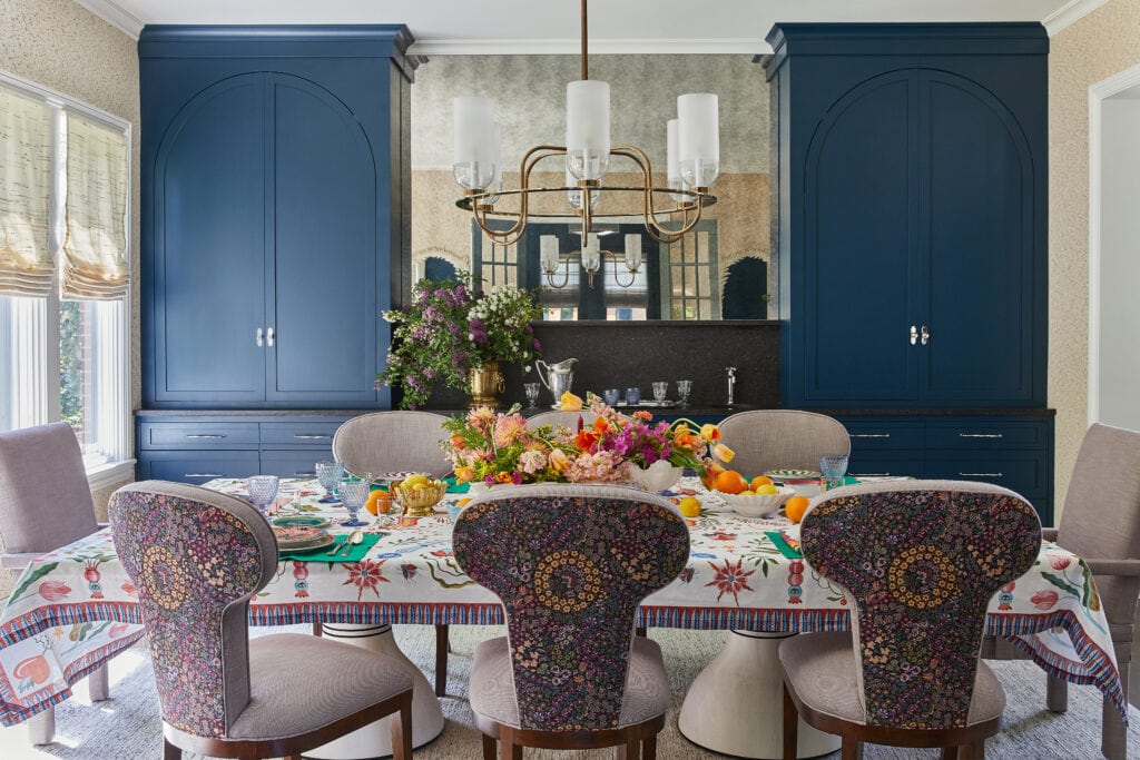 Blue custom cabinetry in dining room
